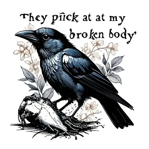 The text" They pick at my broken body" and an image of a crow picking at a carcass tattoo design idea