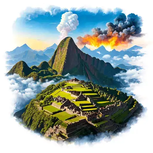 “Sacred Lands” Landscape Fusion	•	Top: Parícutin volcano (Michoacán) erupting in the distance	•	Bottom: Machu Picchu tattoo design idea