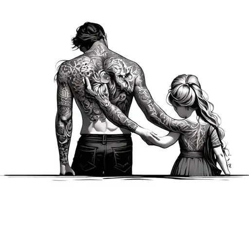 A father and daughter who holds her back hand tattoo design idea