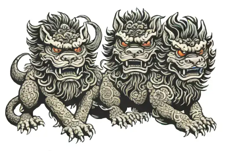 3 Foo dogs face with names Kurt Daniel and Aidan below the heads tattoo design idea