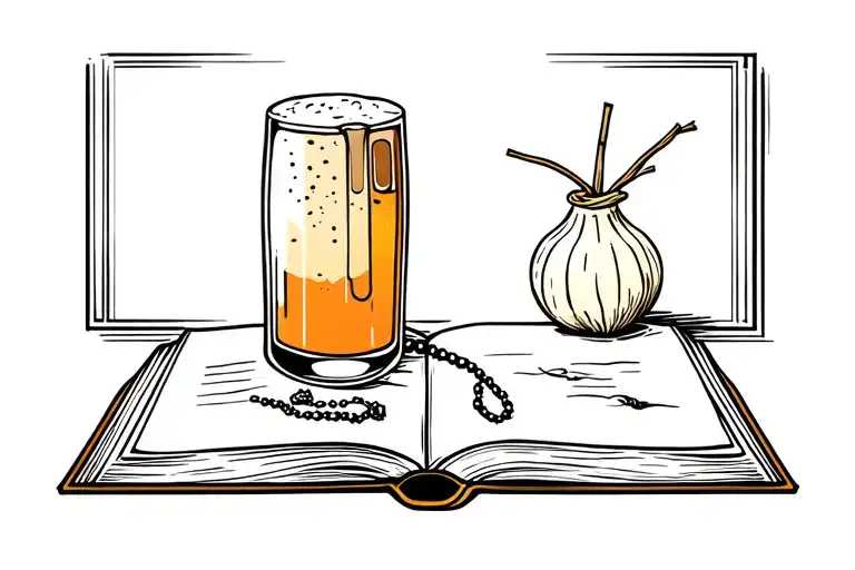 a simple glass of beer, an open book, a chimarrão gourd with its bombilla (straw), and a small rosary tattoo design idea