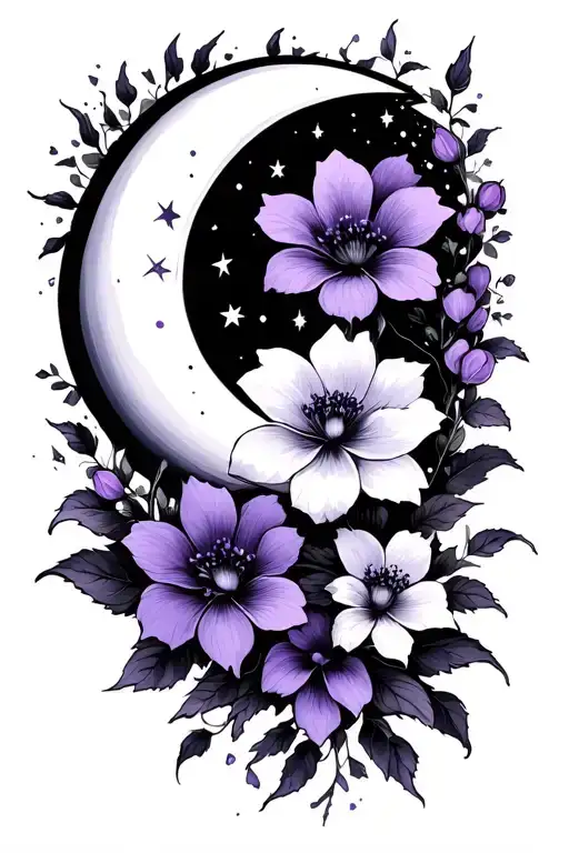 sun moon stars violet flower vines tattoo design idea