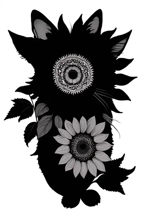cat sunflowers mandala tattoo design idea