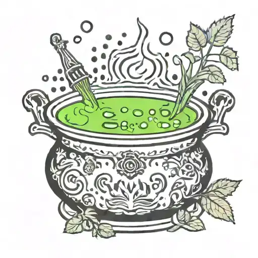spooky cauldron with green bubbly liquid surrounded by botanicals and sparkles tattoo design idea