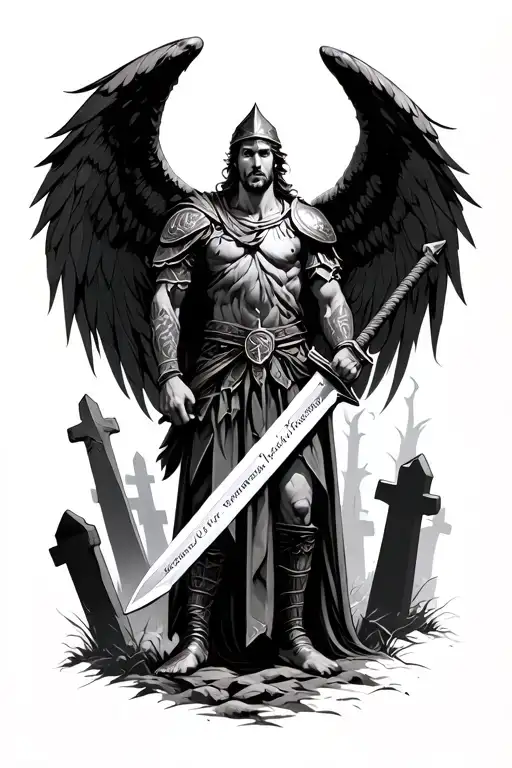 An roman angel warrior, wielding his sword in the woods surrounded by tombstones. Having an empty script on his legs  tattoo design idea