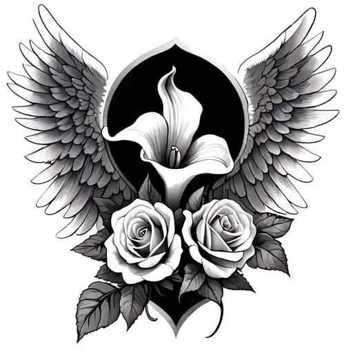 A tattoo design featuring angel wings intertwined with calla lilies and roses, symbolizing the love and memories of your mother and family tattoo design idea