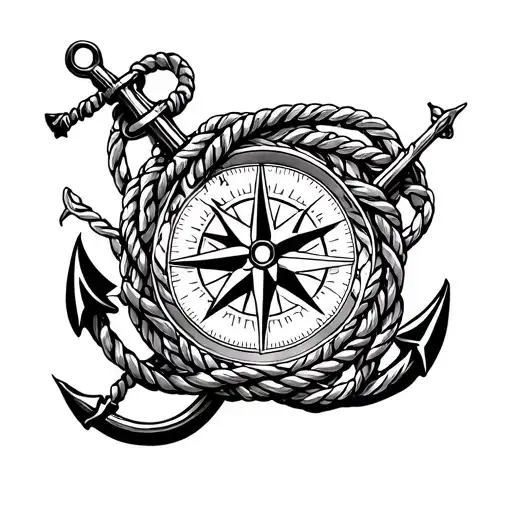 A compass rose intertwined with a ship's anchor, surrounded by a border of intricate nautical rope designs tattoo design idea