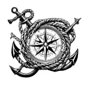 A compass rose intertwined with a ship's anchor, surrounded by a border of intricate nautical rope designs tattoo design idea