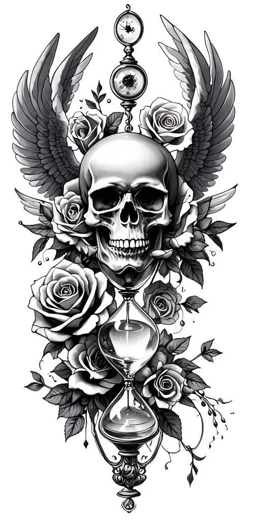 skulls, roses, hour glass, eye, Angels left and right tattoo design idea