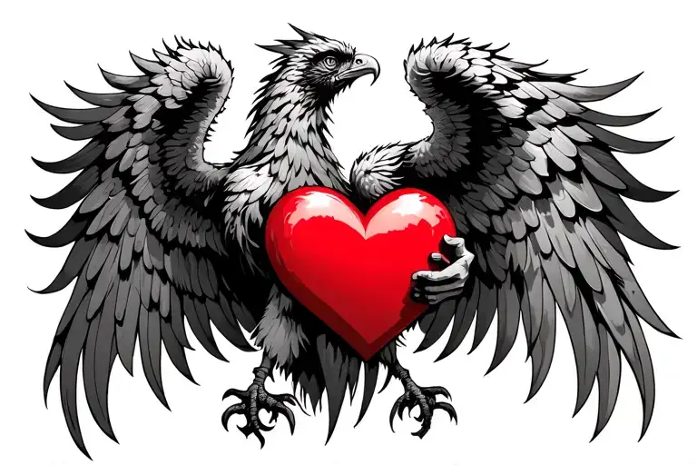 phoenix with open wings holding heart shape realism tattoo design idea