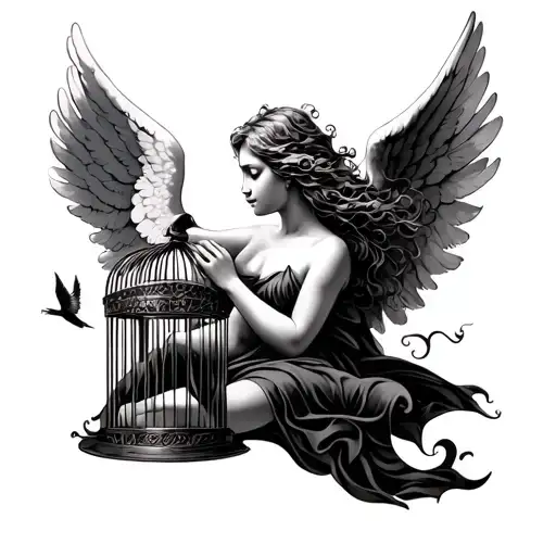 Lying Angel and Flying Bird Cage Tattoo tattoo design idea