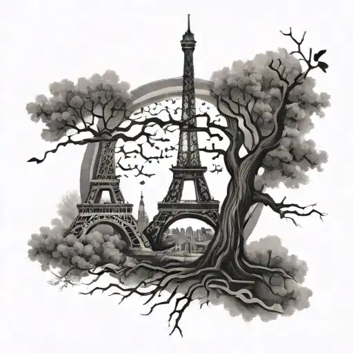 A family tree with branches shaped like the Eiffel Tower and Space Needle, representing your family and favorite landmarks tattoo design idea