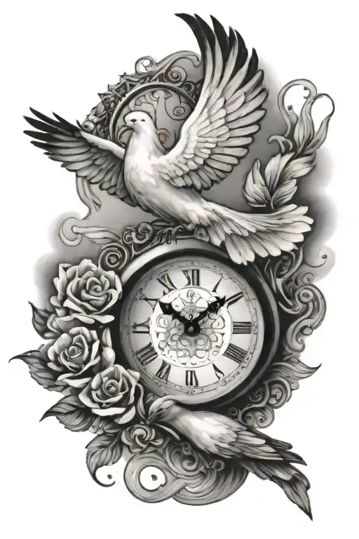 clock with dove flying tattoo design idea