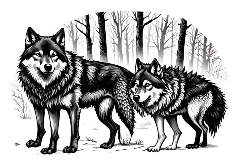 dark forest with wolves tattoo design idea