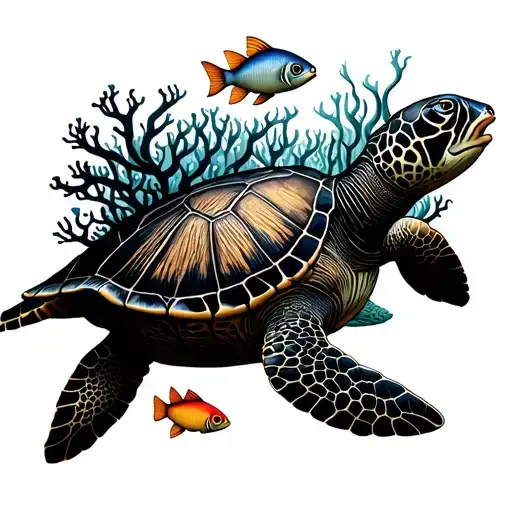 An intricate underwater coral reef scene with a variety of sea creatures, including a majestic sea turtle and colorful fish tattoo design idea