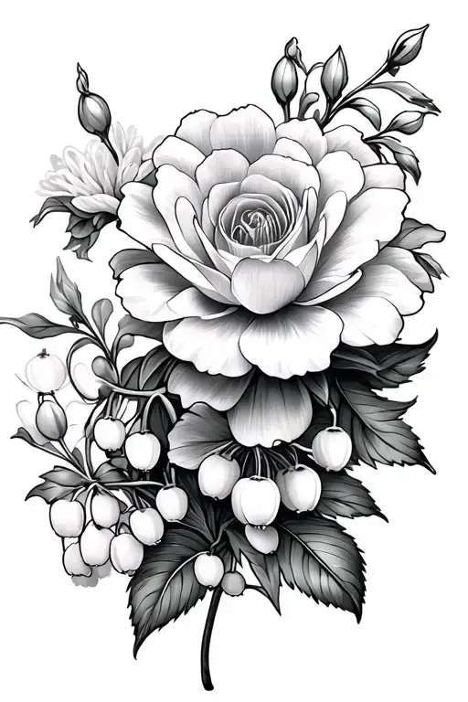 carnation, lily of the valley, rose, water lilly, chrysanthemum flower  tattoo design idea