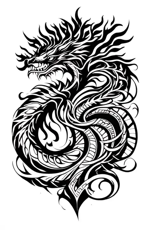 tribal design including army elements, tree of life, dna strand, goddess, dragon tattoo design idea