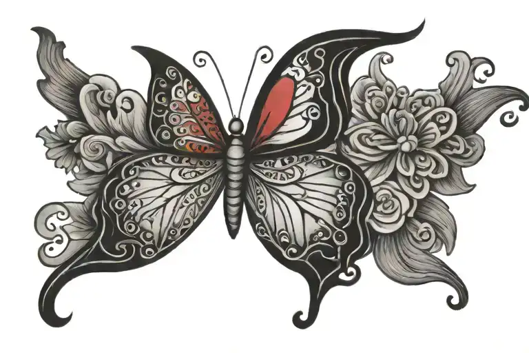 red tramp stamp feminine with butterfly  tattoo design idea