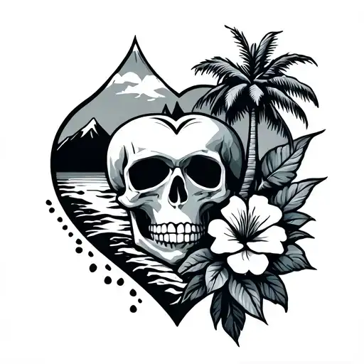 symbols: palm, beach, mountain , heart , flower, skull tattoo design idea