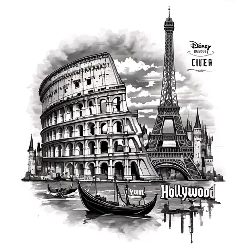 Full Leg sleeve tattoo with eiffel tower, colosseum, gondola, Disney castle and hollywood sign,  tattoo design idea