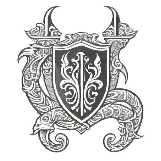 Two crossed laryngoscopes, in a tribal style, and with an injection of anesthesia in the middle, similar coat of arms tattoo design idea