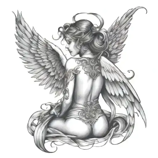 back tatto of half angel half demon girl stars around  tattoo design idea