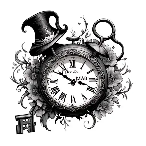 we're all mad here clock key  tattoo design idea