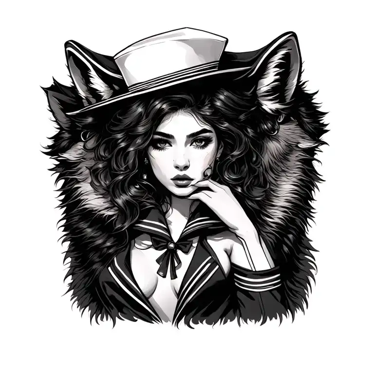 long and small skinny traditional sailor wife pretty skinng woman with a coat made of animal skin showing some cleavage  tattoo design idea