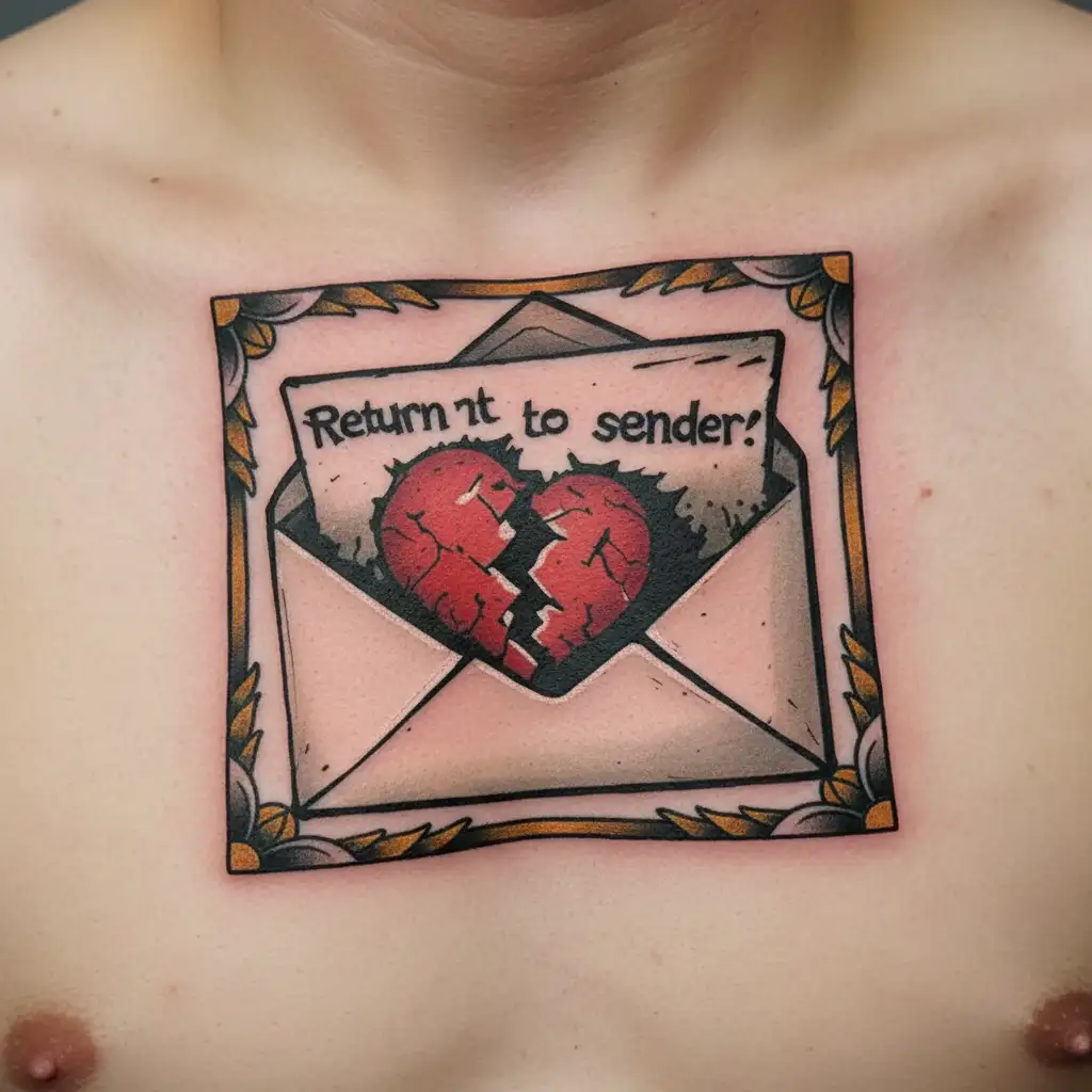 "Return to sender " "Return to sender " old wripped wrinkles open envelope qoth a broken heart sticking out of it tattoo design idea