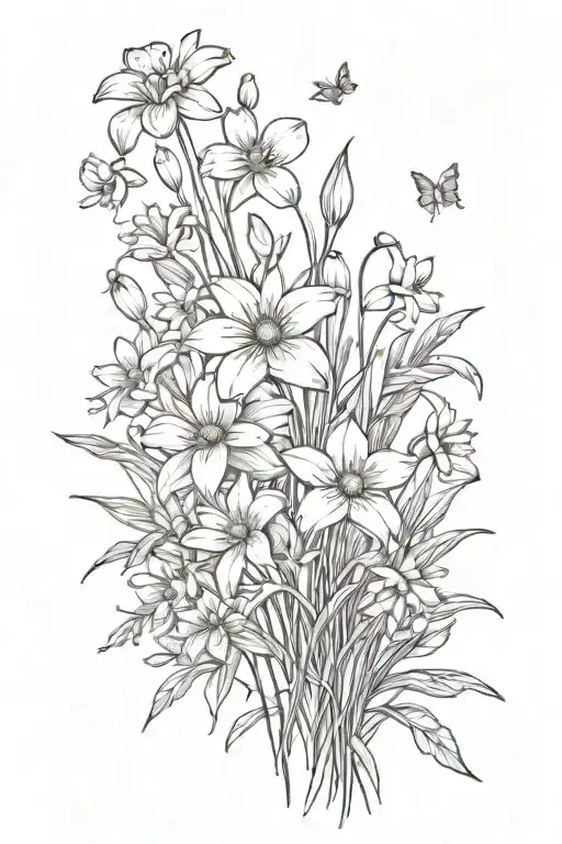 daisies and daffodils flower bouquet, sprinkling of cherry blossoms, snow drops, violets, greenery, stems tattoo design idea