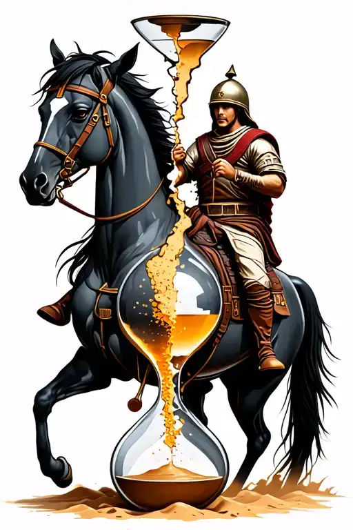 broken hour glass with sand pouring out transitioning into a spartan soldier on a horse tattoo design idea