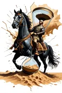 broken hour glass with sand pouring out transitioning into a spartan soldier on a horse tattoo design idea