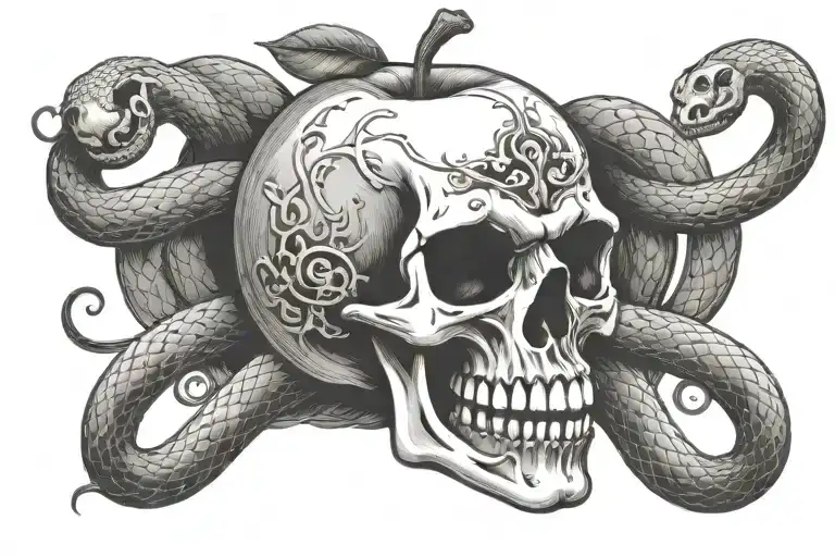 skull in the shape of an apple surrounded by a snake with its mouth aggressively bent tattoo design idea