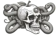 skull in the shape of an apple surrounded by a snake with its mouth aggressively bent tattoo design idea