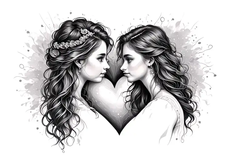 two Daughters love heart without face made showing lifeline of a dad in abstract style tattoo design idea
