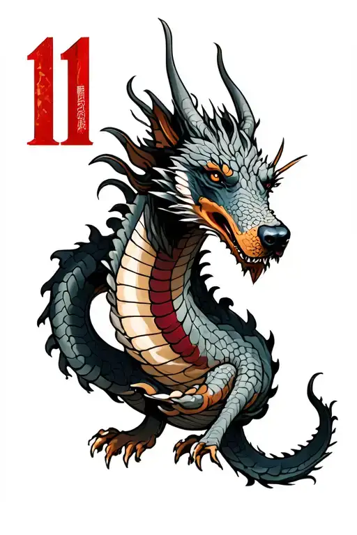 gray wash long Hydra dragon with doberman heads and Number 11 and Indep tattoo design idea