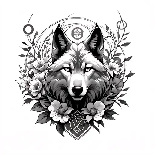Gaelic symbols, magic, wolf, demon, feminine, floral, full sleeve,  tattoo design idea