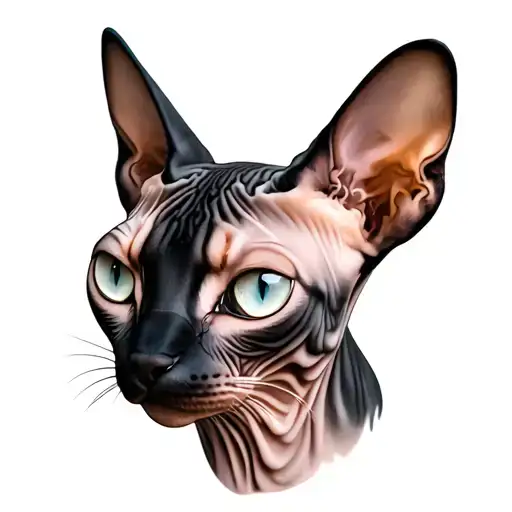 sphynx cat head with white eyes and black and grey  tattoo design idea