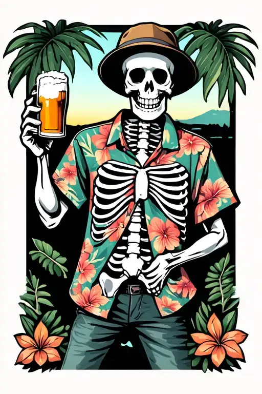neo traditional skeleton in a Hawaiian shirt standing, holding beer in left hand, wearing a small bucket hat,  tattoo design idea