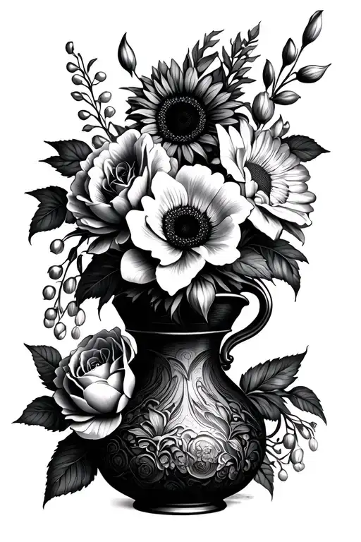 an abstract tattoo that consists of a vase with some roses, peonies, lily, lily of the valley, and sunflower tattoo design idea