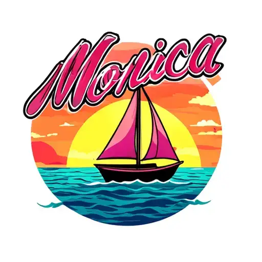"Monica" "Monica"  one sail Sailboat sunset background, vibrant colors for ocean and sky tattoo design idea