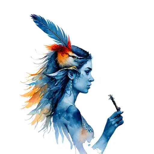 Warrior woman with a feather hawk on her head profile holding tattoo design idea