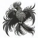 realistic phoenix with detailed feathers and flames rising from the ashes. tattoo design idea