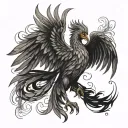 realistic phoenix with detailed feathers and flames rising from the ashes. tattoo design idea