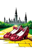 two sparkly flat red ruby shoes with bows on toe witches broom on yellow brick road with emerald city in background tattoo design idea
