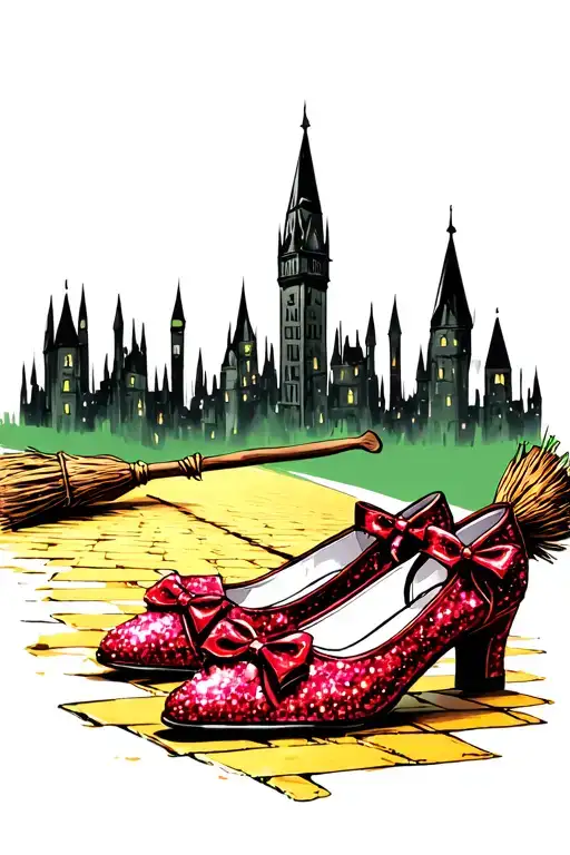 two sparkly flat red ruby shoes with bows on toe witches broom on yellow brick road with emerald city in background tattoo design idea