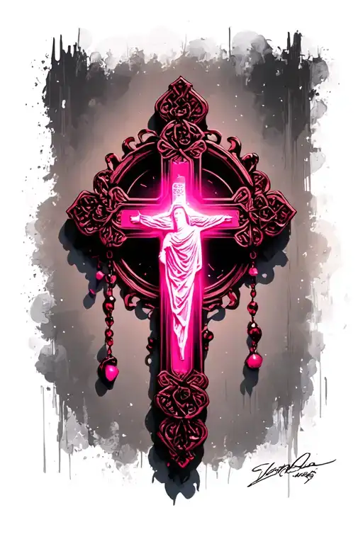 Pink, jesus christ cross, rosary symbol shadow light tattoo design idea
