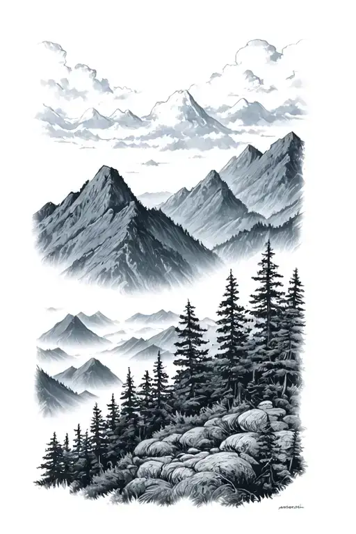 blue ridge mountains sleeve tattoo design idea
