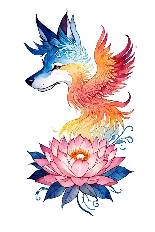 Fine Line Phoenix rising from lotus flower above a feminine wolf head  tattoo design idea