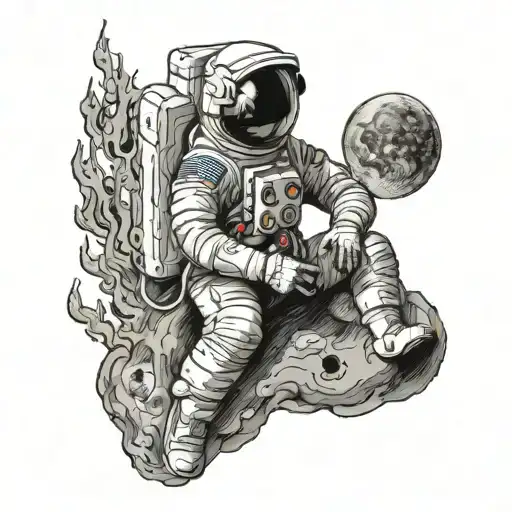 An astronaut sits on the moon near a fire, side view, with the earth in the background tattoo design idea